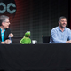 The Muppets' Bill Prady (left), Kermit The Frog, Bob Kushell, Miss Piggy